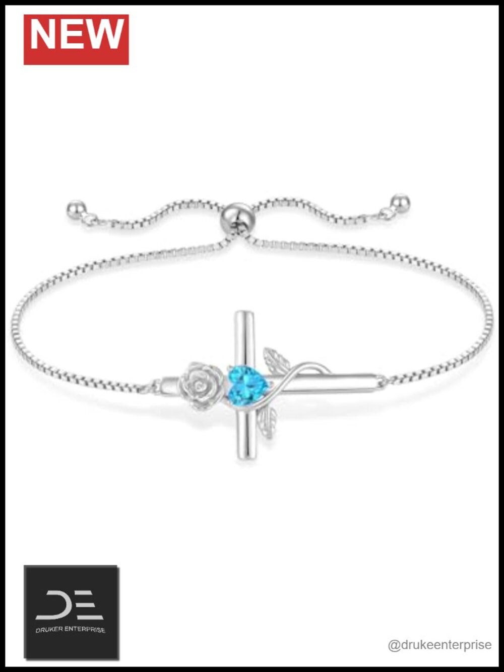 Sterling Silver Cross Bracelet with Created Aquamarine Heart Charm
